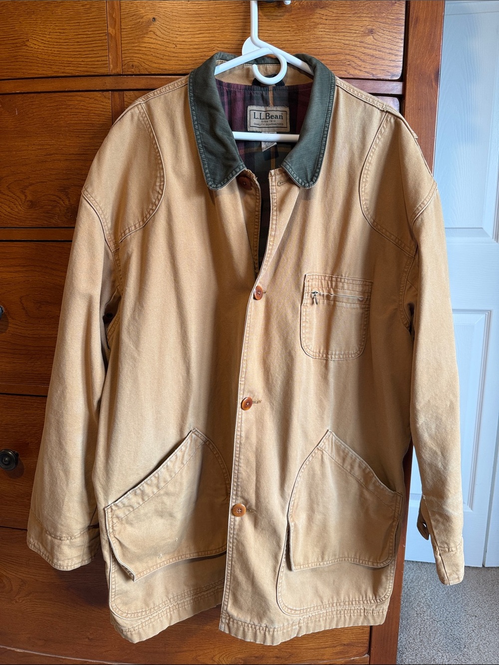 L.L. Bean Tan Canvas Field Jacket with Dark Green Collar